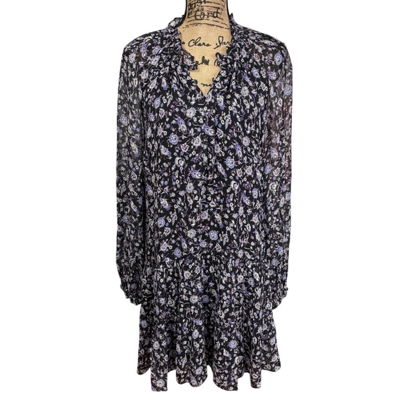 Intermix Dory Floral Chiffon Silk Mini Dress Black Lined Ruffle Long Sleeve 12 - Picture 2 of 10